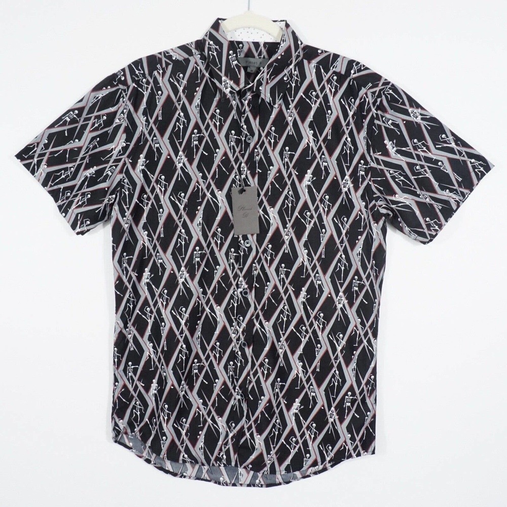 New Planet B Brand Mens Button Up Shirt Size Medium Black Short Sleeve Skeleton